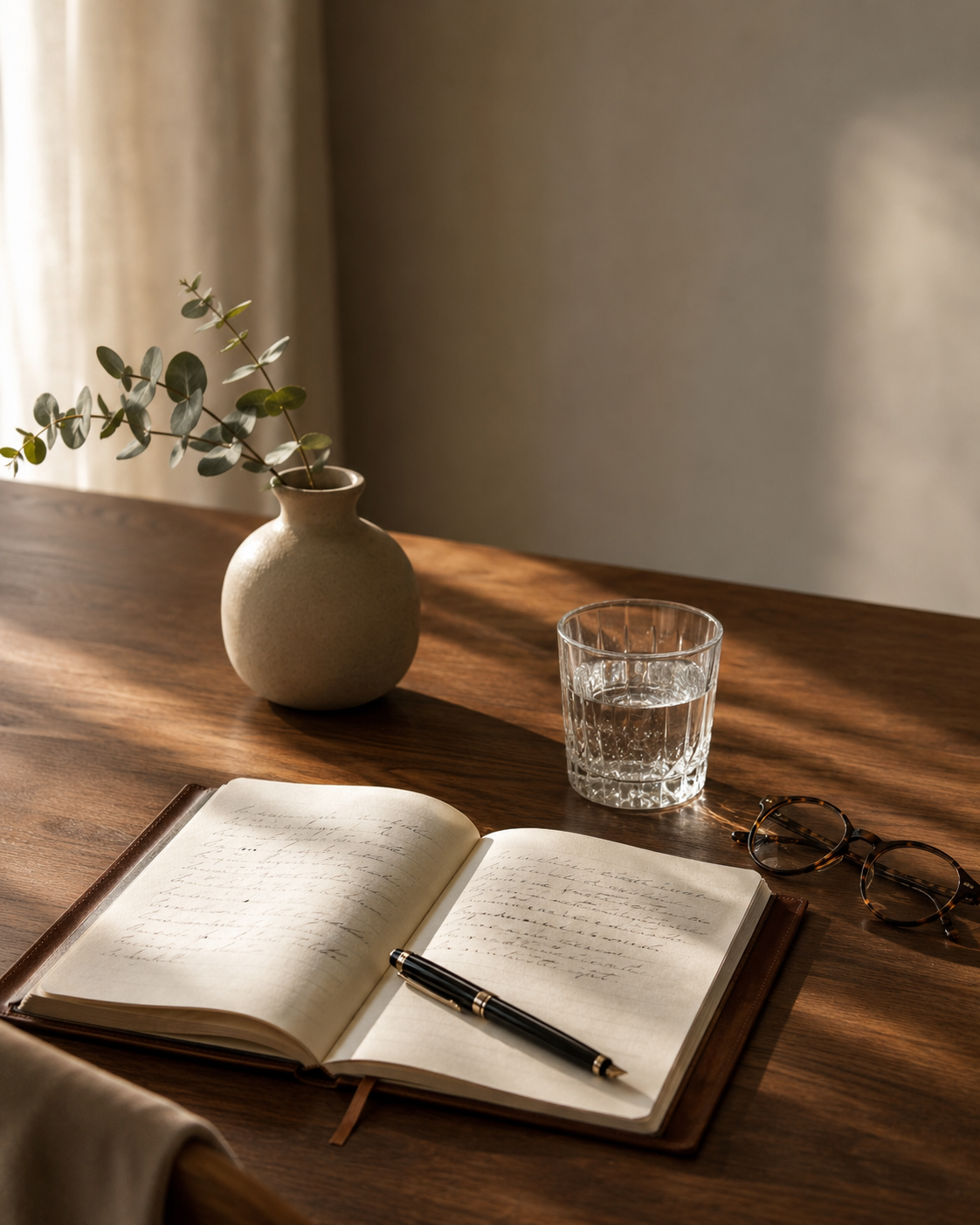 Stillleben aus einer ruhigen Beratungssituation – offenes Notizbuch mit handschriftlichen Notizen, Füllfederhalter, Glas Wasser und ein Eukalyptus-Zweig auf warmem Holztisch